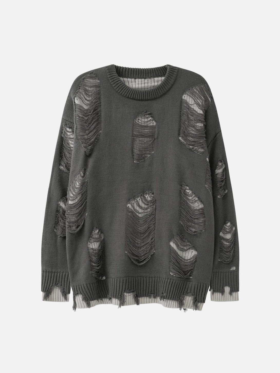Front view of a gray vintage ripped oversized sweater by TALISHKO, perfect for casual styling.