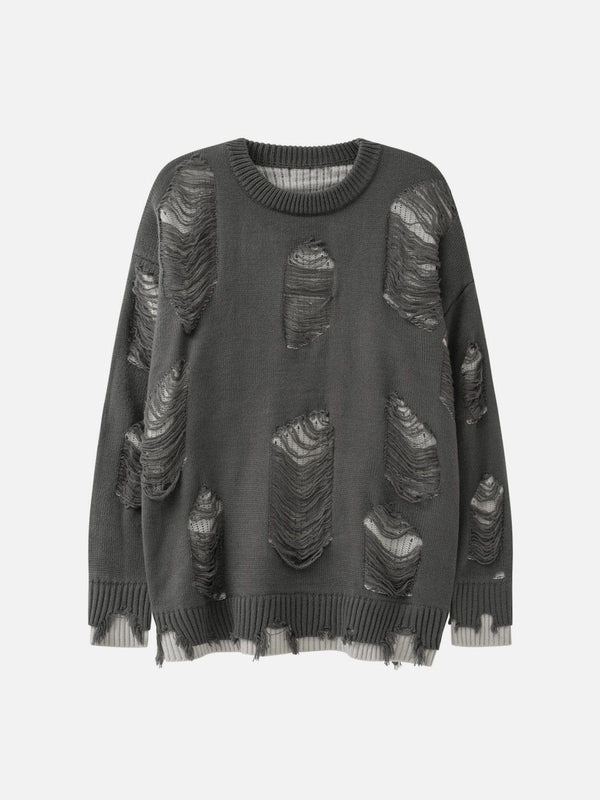 Front view of a gray vintage ripped oversized sweater by TALISHKO, perfect for casual styling.
