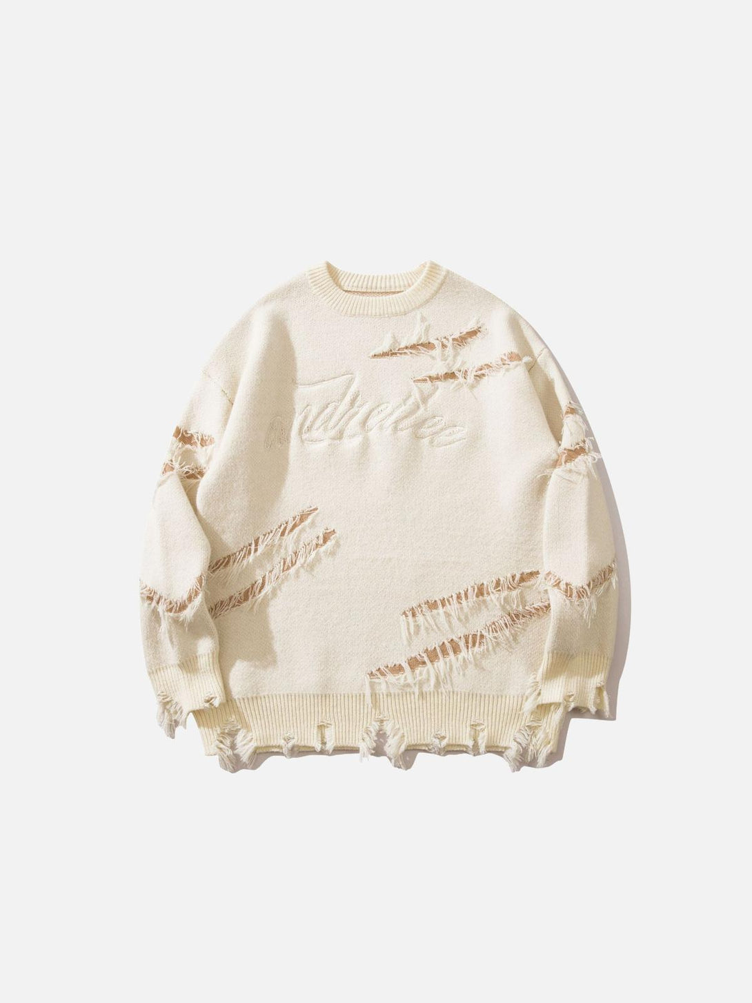 Front view of TALISHKO apricot sweater featuring a relaxed fit and distressed accents.