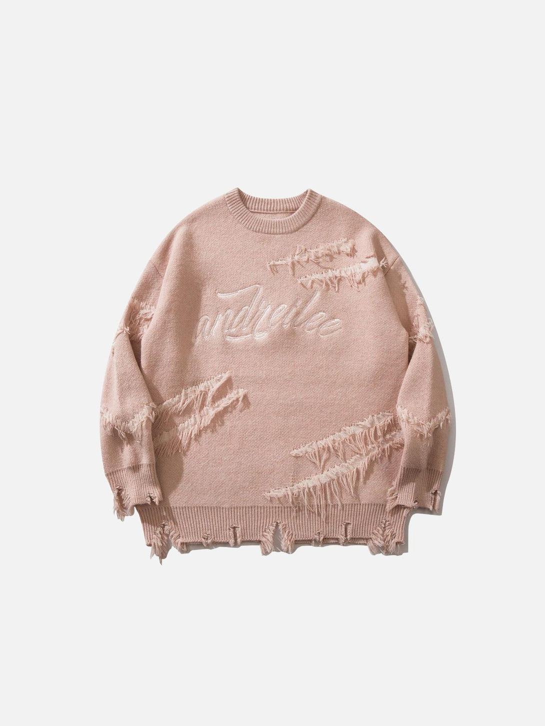 Front view of a pink TALISHKO sweater with vintage-inspired distressed details.