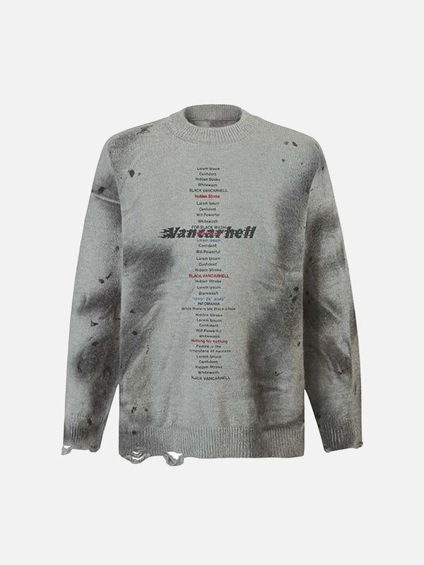 Front view of a gray vintage ripped tie-dye sweater by TALISHKO, featuring distressed details.