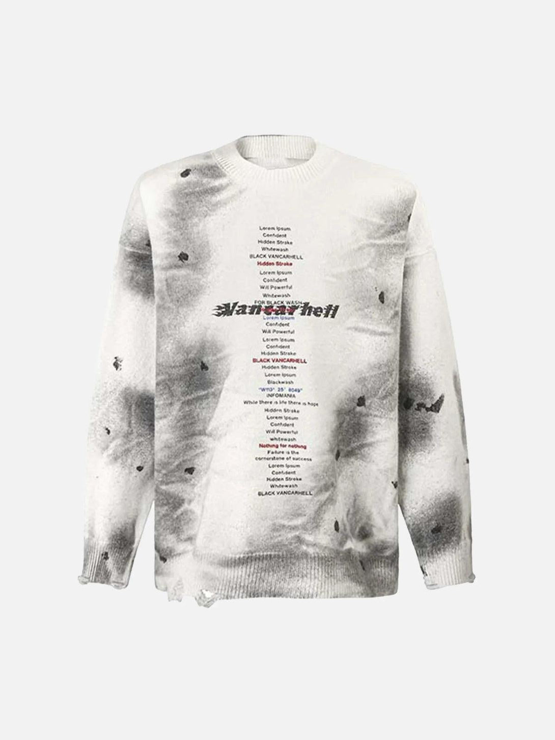 Front view of a white vintage tie-dye sweater by TALISHKO, showcasing unique distressed patterns.