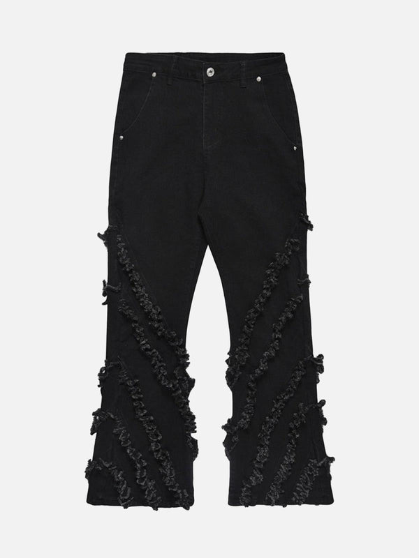 Front view of black flared jeans with rough edges, designed by TALISHKO for a bold look.