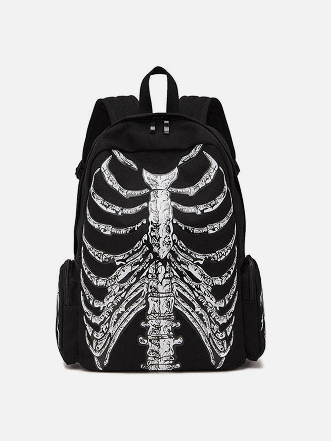 Front view of a black TALISHKO backpack featuring a vintage skeleton print design.