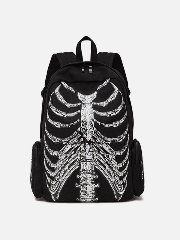 Front view of a black TALISHKO backpack featuring a vintage skeleton print design.