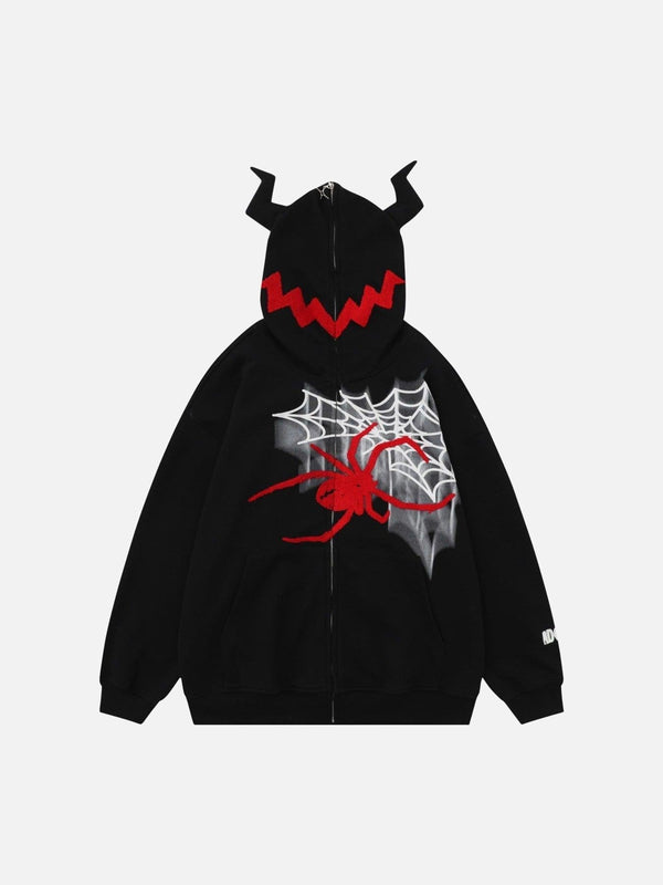 TALISHKO black hooded sweatshirt with red spider and web design, featuring horn-like hood details.