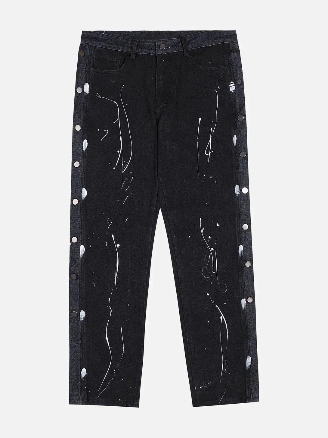 Front view of black splash ink jeans by TALISHKO, featuring stylish side buttons.