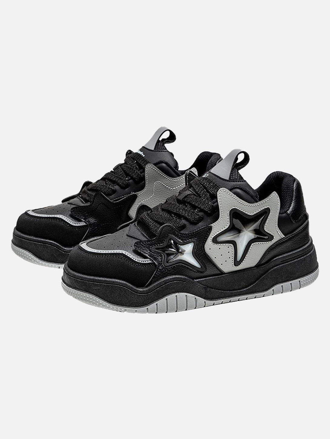 Front view of black vintage star sneakers by TALISHKO, perfect for urban fashion enthusiasts.