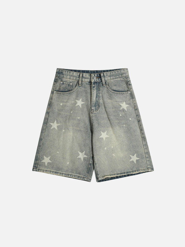 Front view of blue vintage star jorts by TALISHKO, featuring a playful star pattern.
