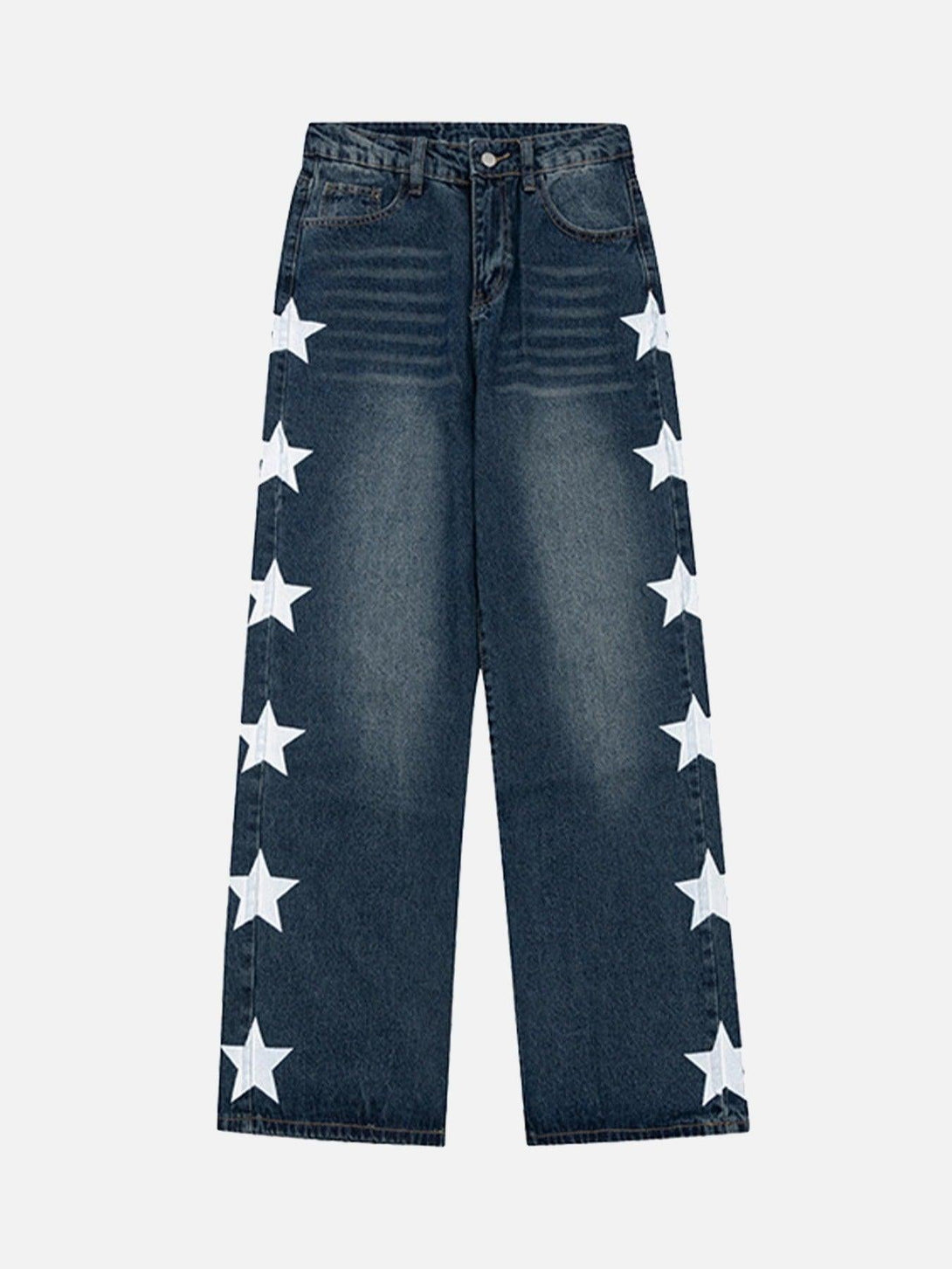 Front view of blue denim pants with white star pattern by TALISHKO, perfect for casual wear.