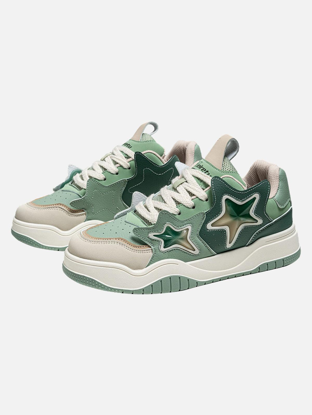 Front view of green vintage star sneakers by TALISHKO, adding a retro touch to any outfit.