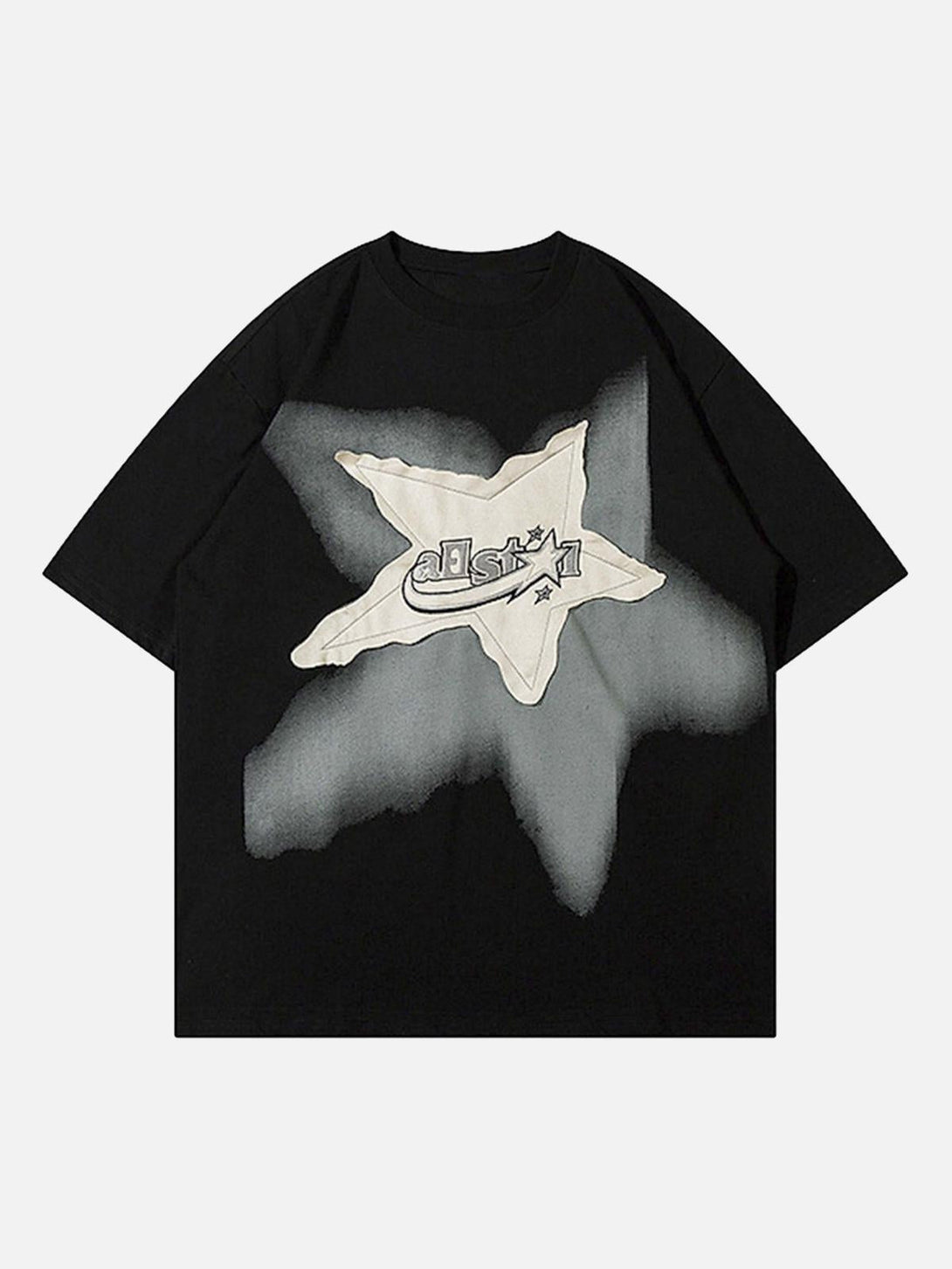 Front view of a black TALISHKO vintage star loose T-shirt, ideal for casual summer style.