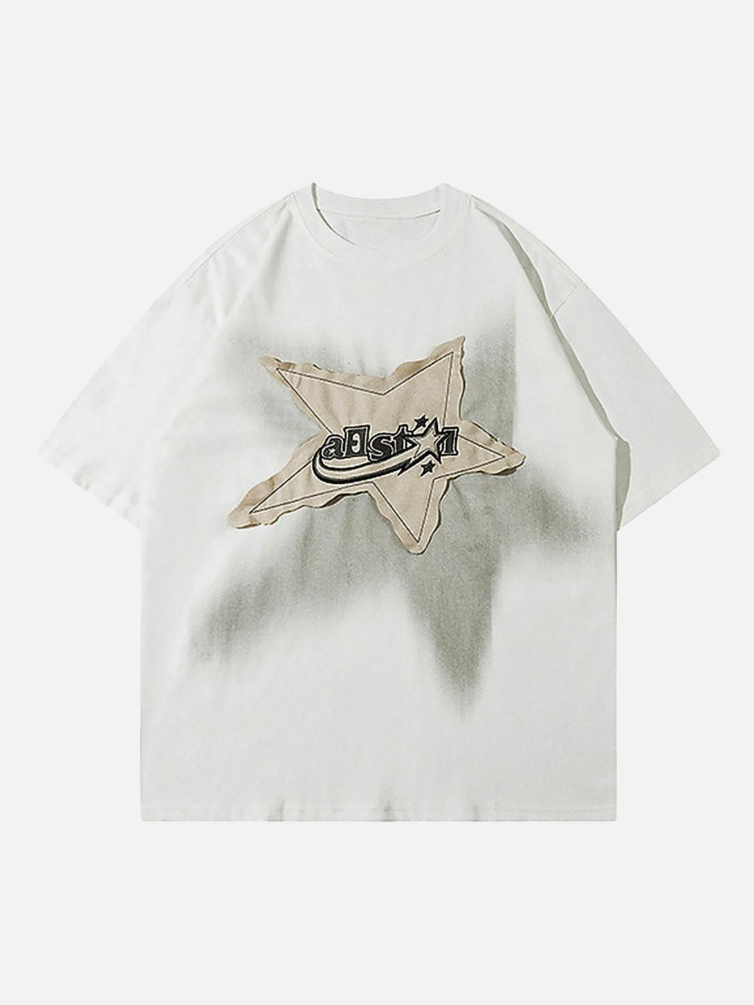 Front view of a white TALISHKO vintage star loose T-shirt, perfect for a relaxed summer vibe.