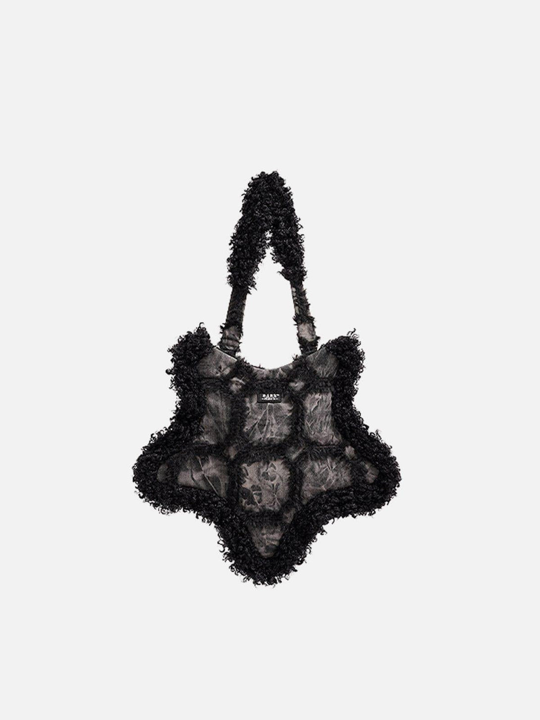 A black star-shaped shoulder bag by TALISHKO, featuring a textured design for an urban edge.