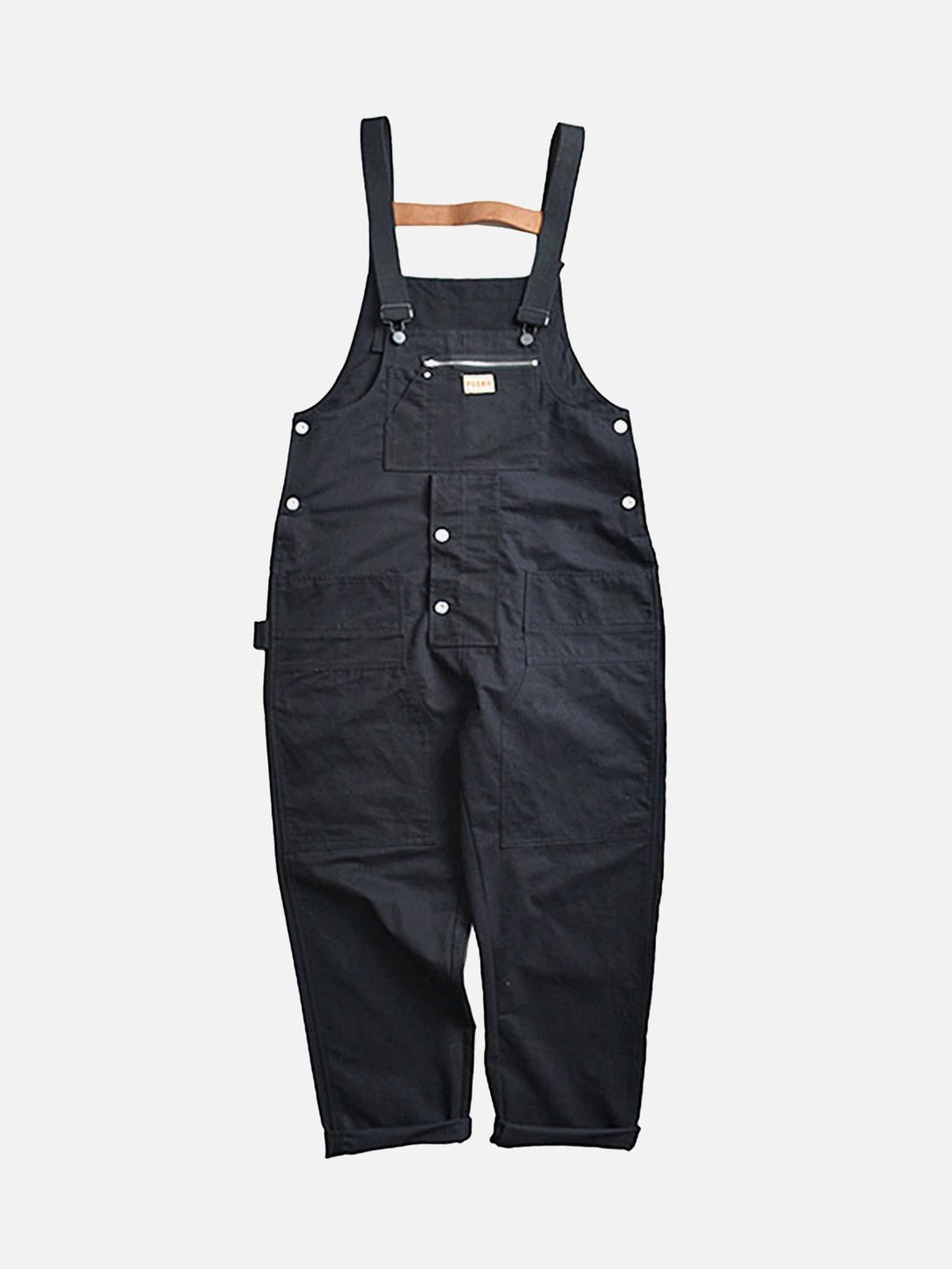 Front view of black vintage straight men's overalls by TALISHKO, featuring sturdy buttons.