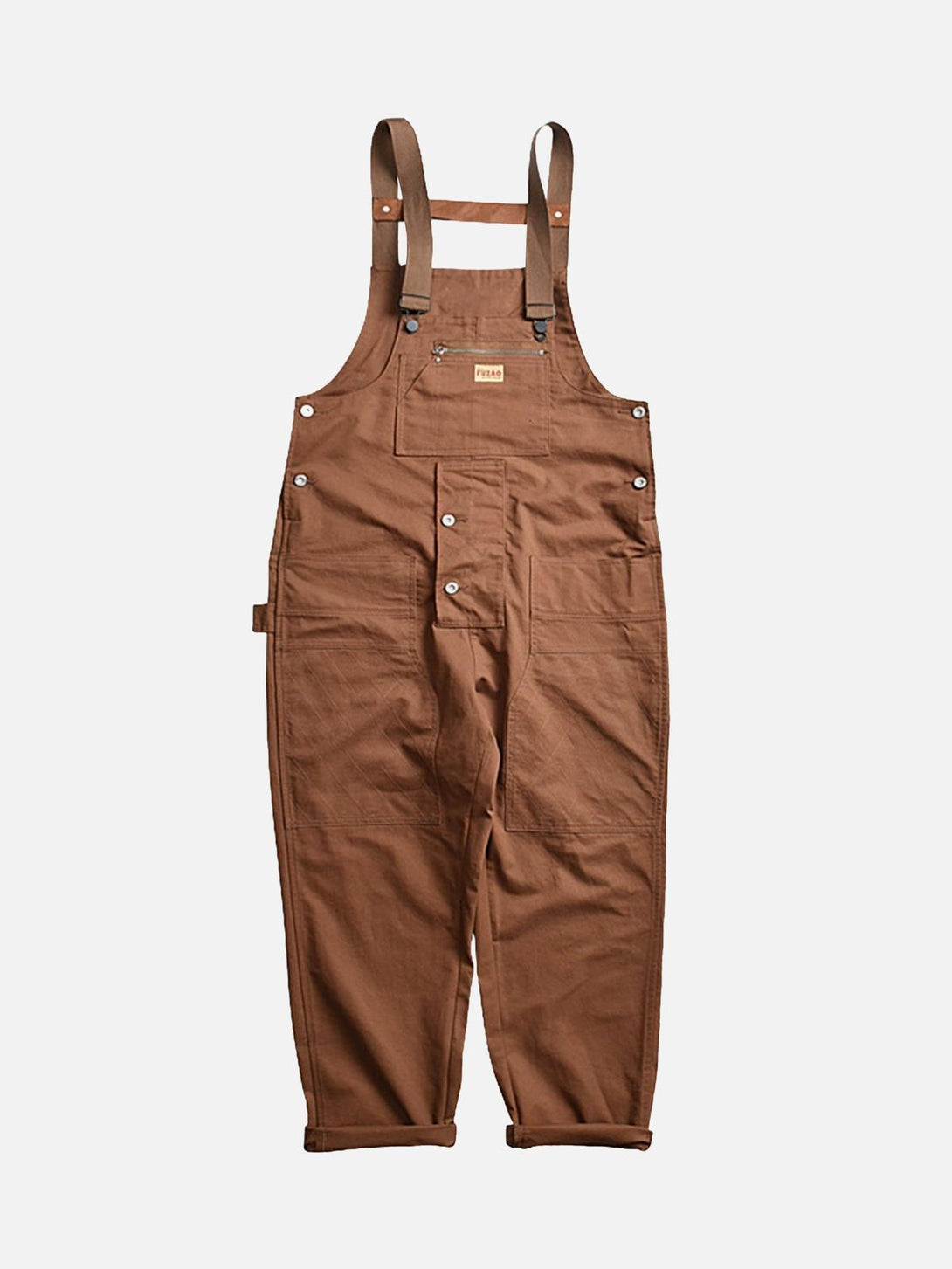Front view of TALISHKO vintage straight brown men's overalls, featuring sturdy construction.