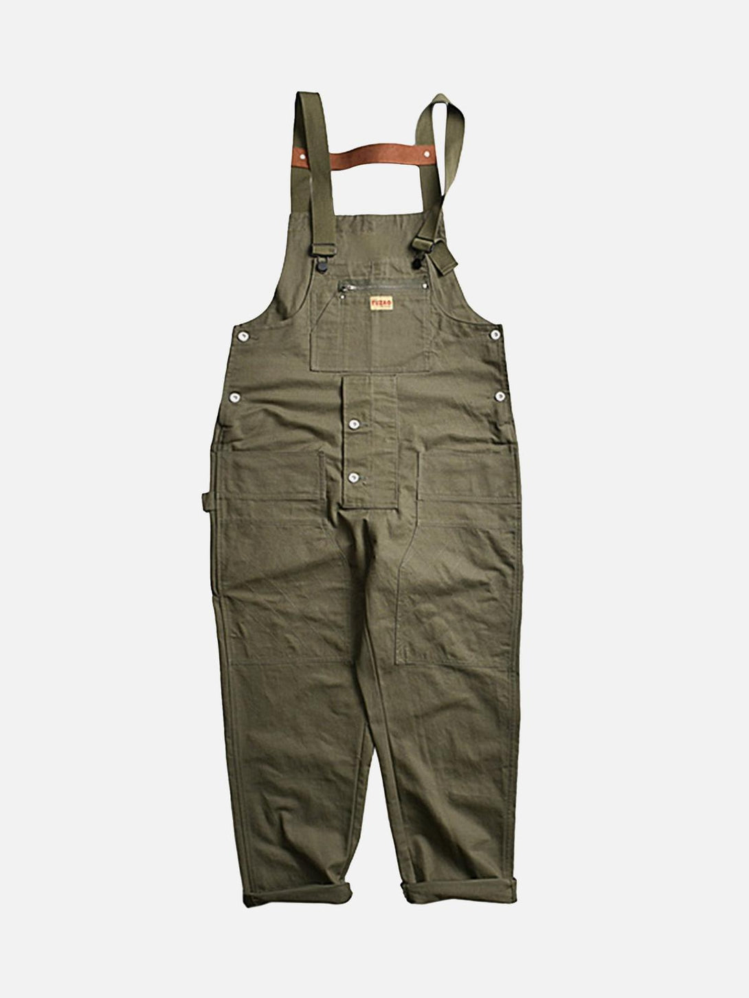 Vintage-style olive green men's overalls by TALISHKO, front view, showcasing sturdy design.