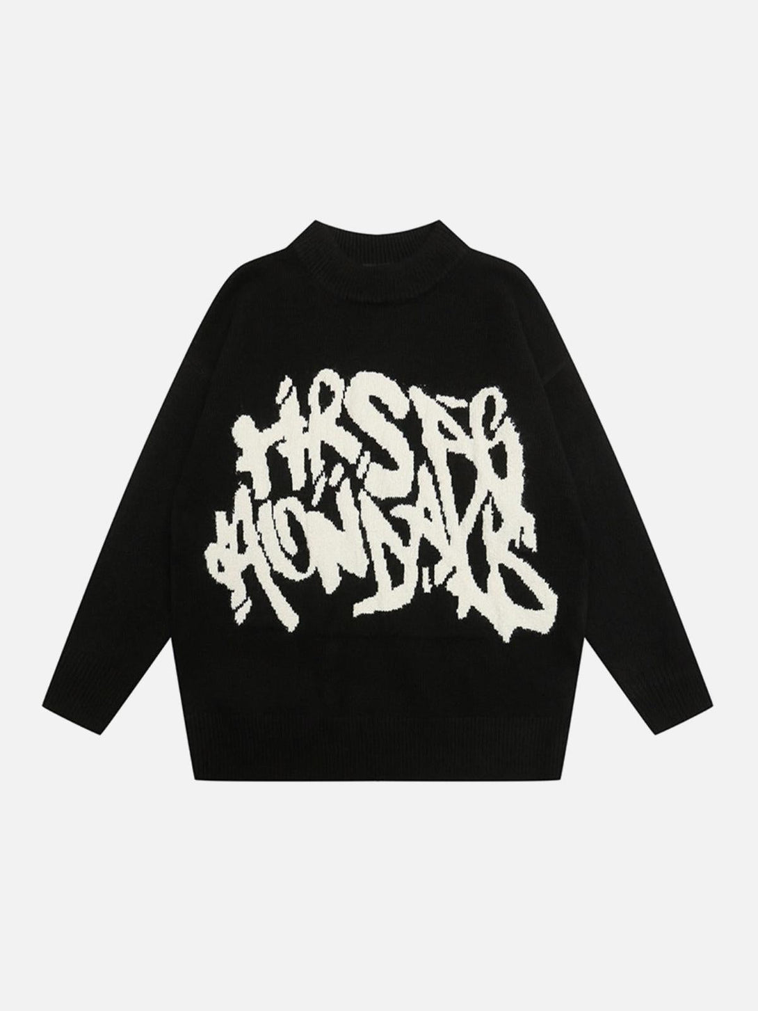 Front view of black sweater by TALISHKO with bold, vintage-style letter embroidery.
