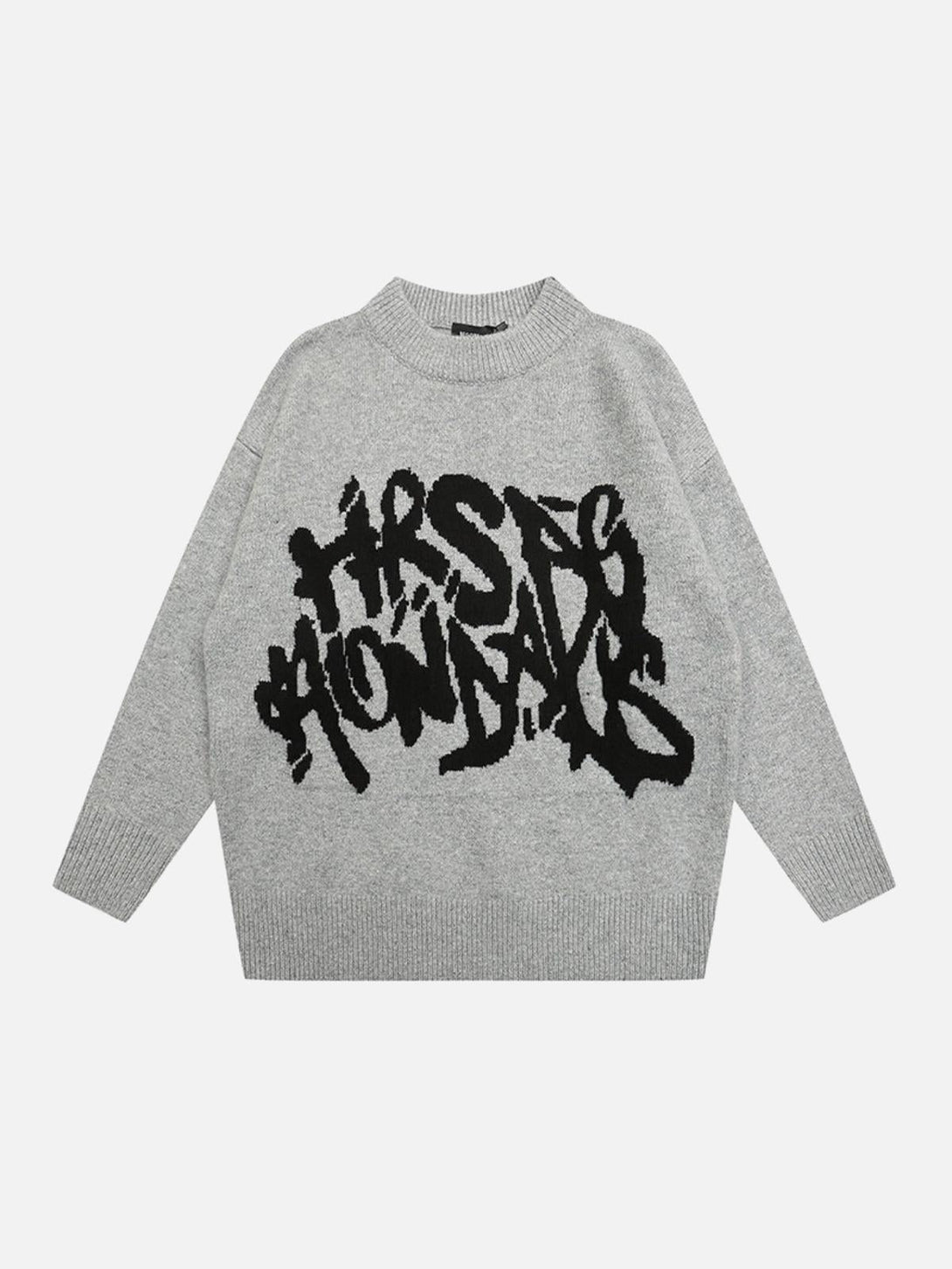 Gray vintage letter embroidery sweater by TALISHKO with bold black street-inspired design.