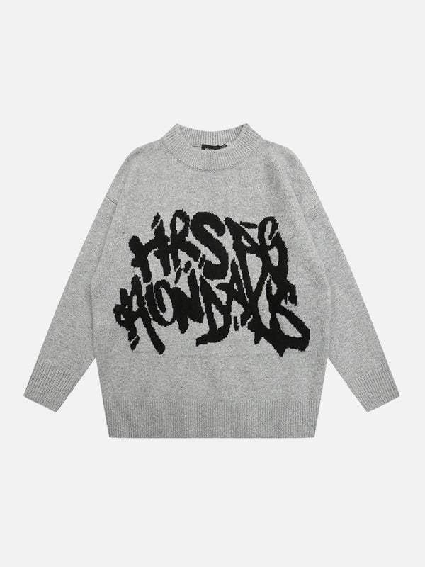 Gray vintage letter embroidery sweater by TALISHKO with bold black street-inspired design.