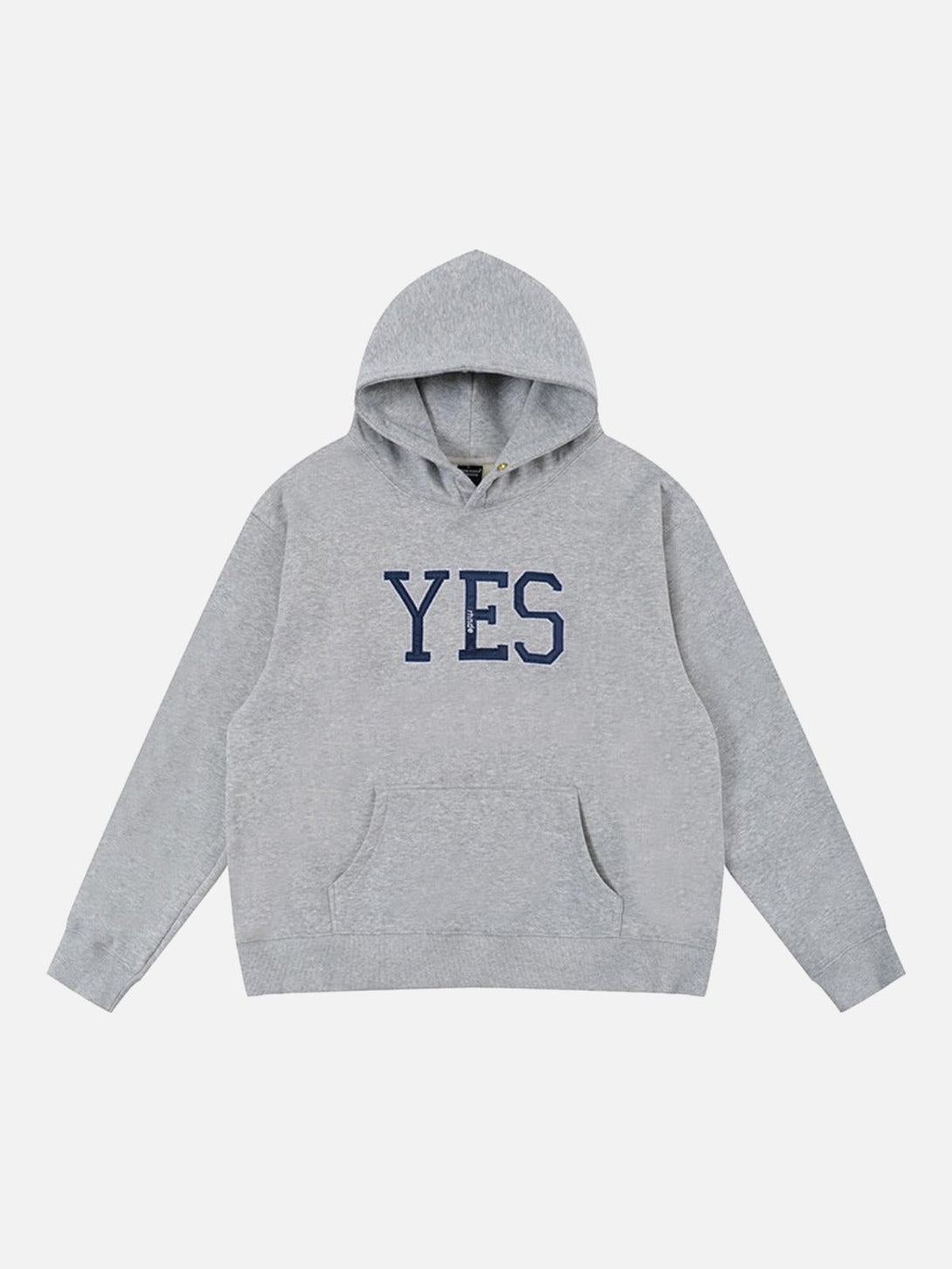 Gray hoodie with "YES" print, front view, by TALISHKO, ideal for casual and minimalistic style.