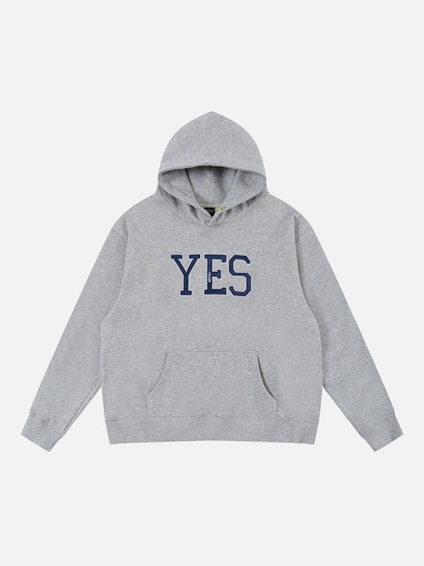 Gray hoodie with "YES" print, front view, by TALISHKO, ideal for casual and minimalistic style.