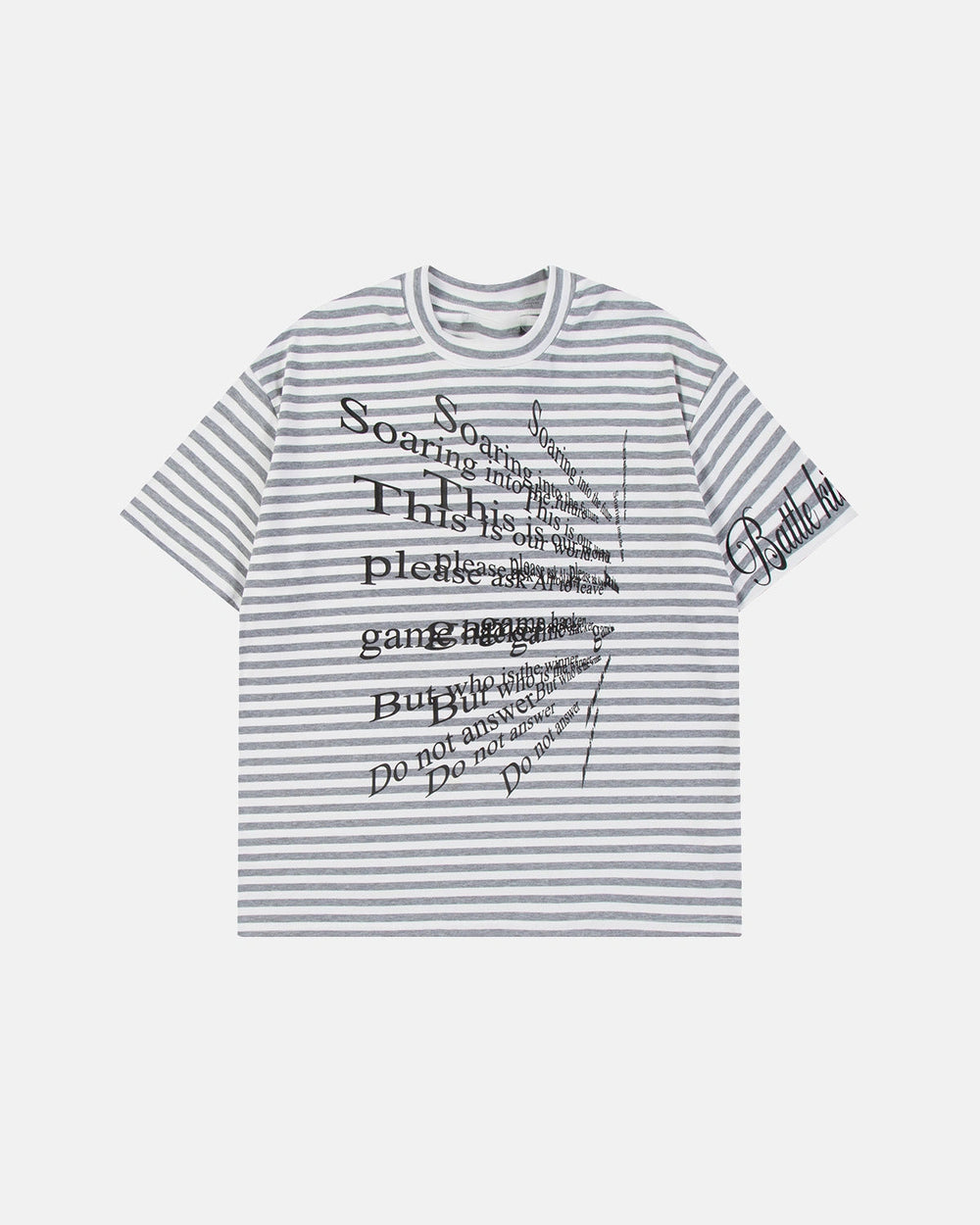 White/Gray Stripes tee front flat lay with overlapping cursive letter print.