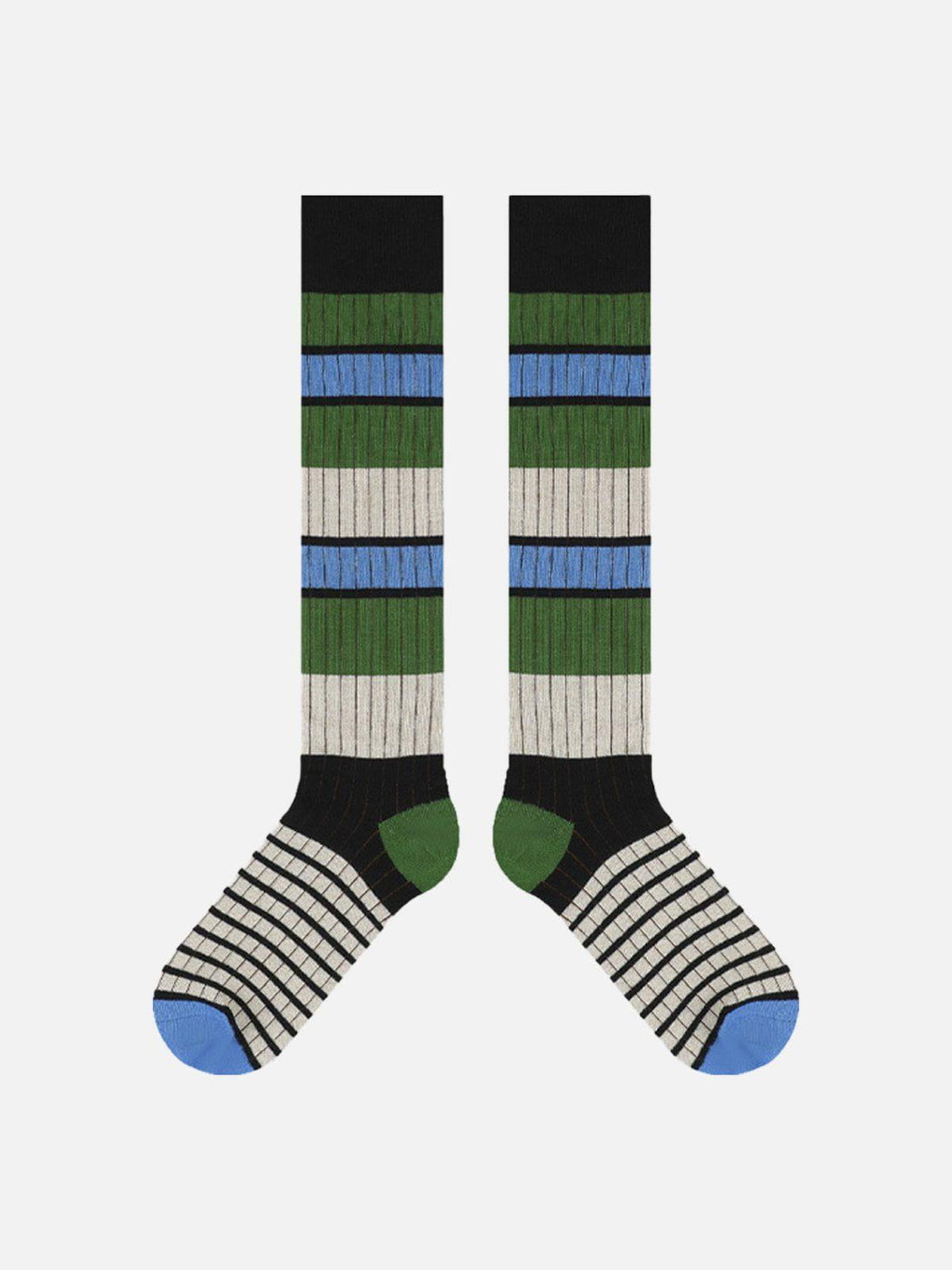 Vintage stripe patchwork socks by TALISHKO in blue and green, front view showcasing bold design.