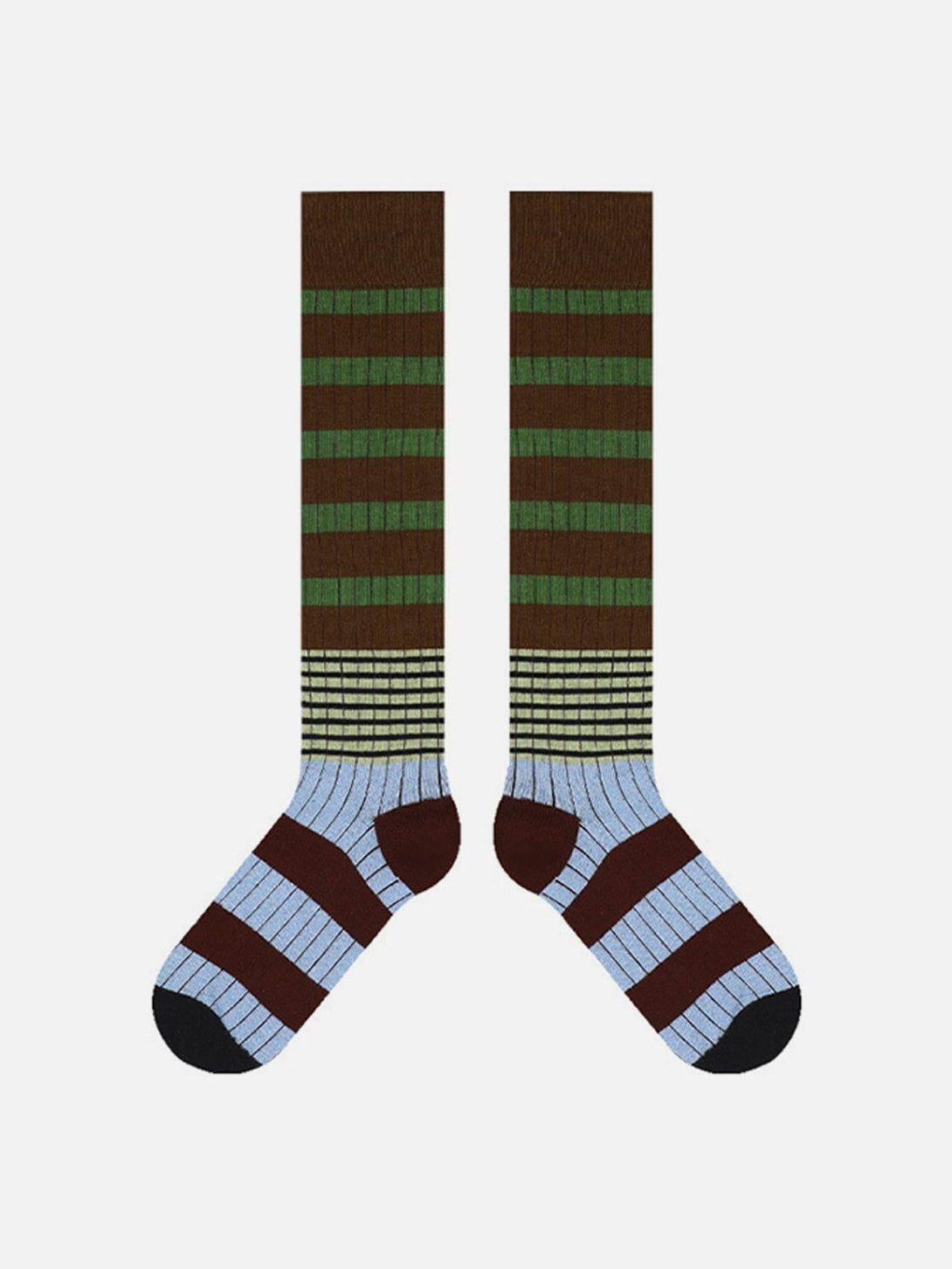 Colorful vintage stripe patchwork socks by TALISHKO, featuring a unique brown and green design.
