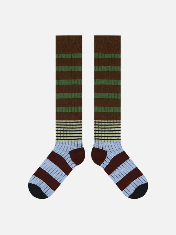 Colorful vintage stripe patchwork socks by TALISHKO, featuring a unique brown and green design.