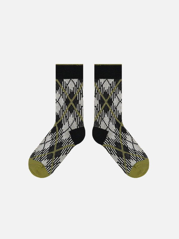 Front view of black vintage plaid socks by TALISHKO, featuring a stylish geometric pattern.