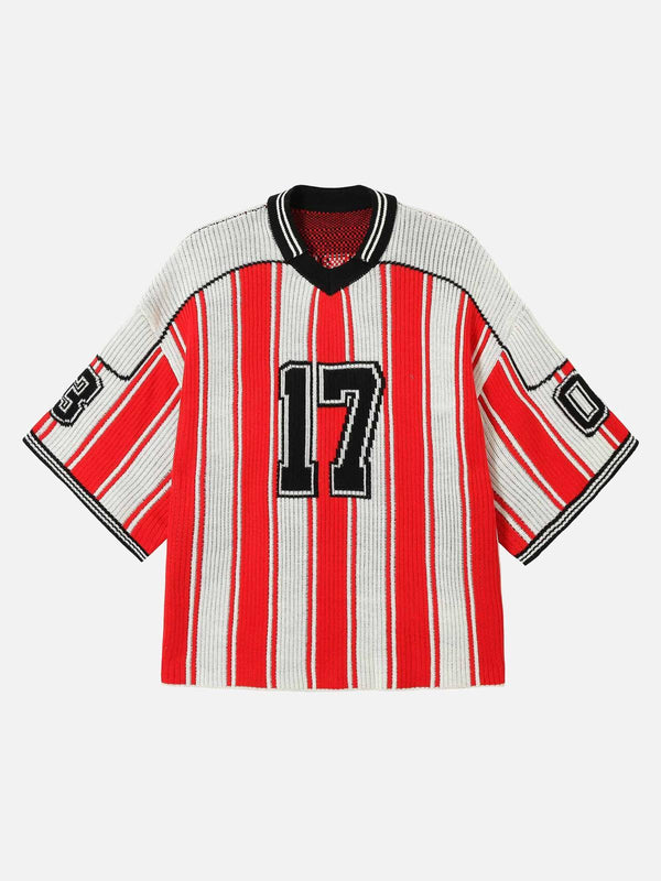 Front view of a red and white vintage striped baseball knit sweater by TALISHKO, featuring bold numbers.
