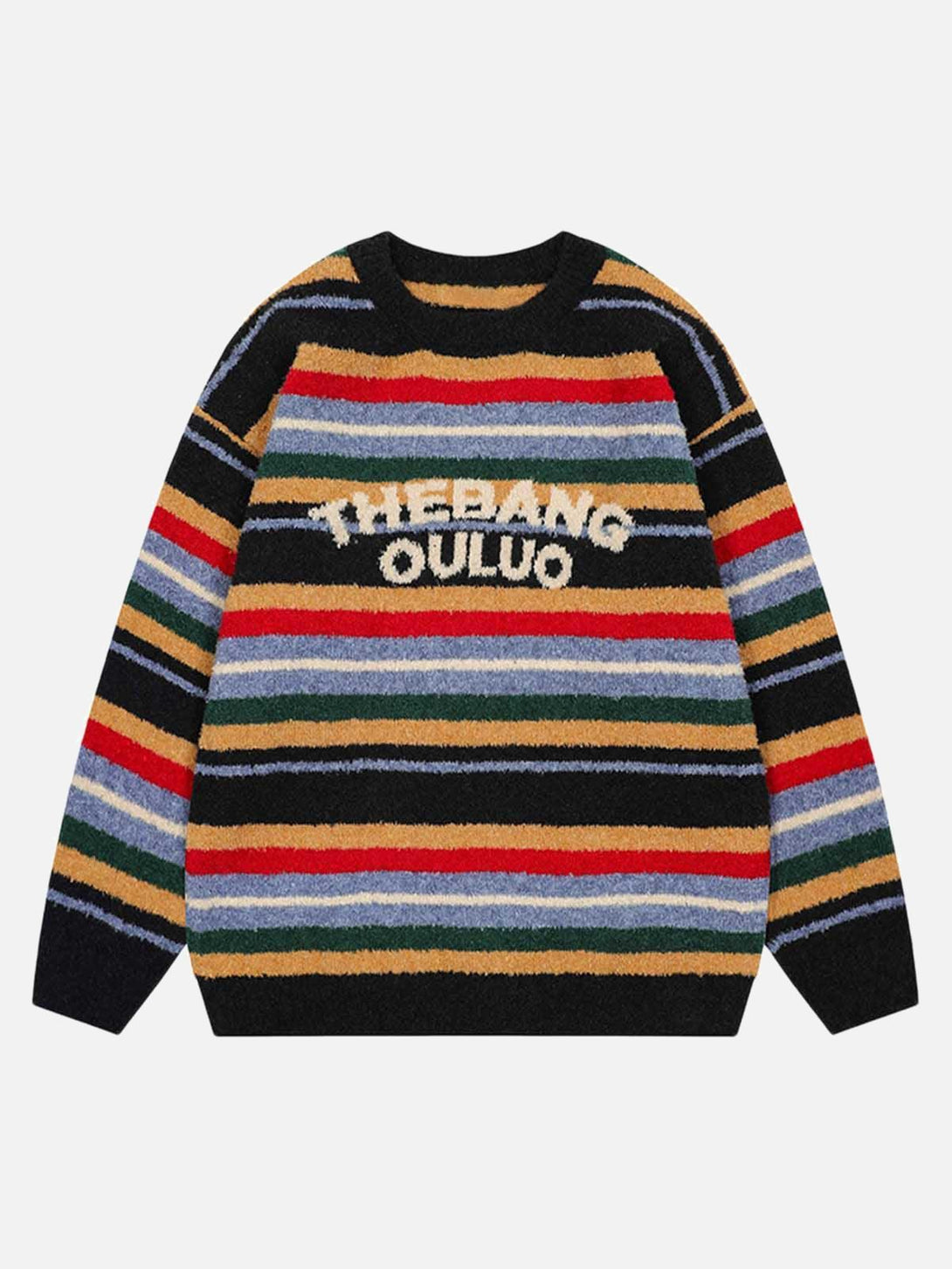 Colorful vintage striped sweater with bold lettering, front view by TALISHKO.