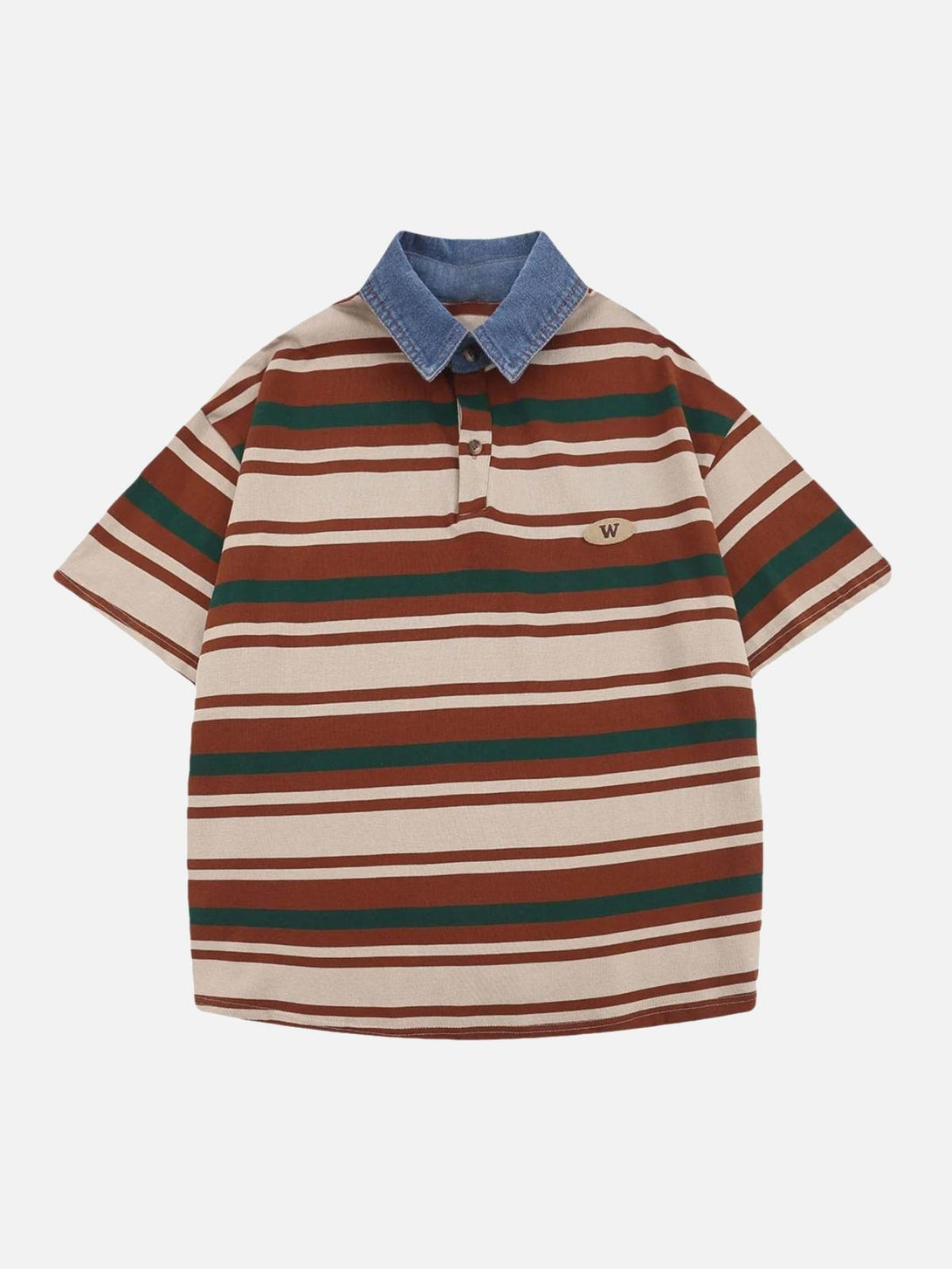 Front view of a brown vintage striped polo shirt with a denim collar by TALISHKO.