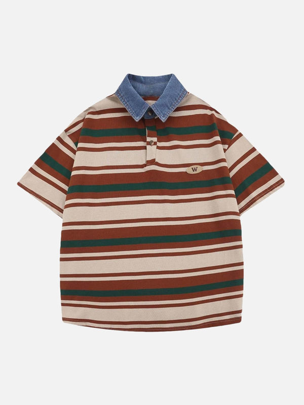 Front view of a brown vintage striped polo shirt with a denim collar by TALISHKO.