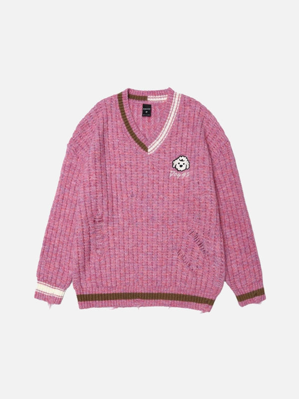 Front view of a pink vintage-inspired sweater by TALISHKO with stripe details and dog patch.