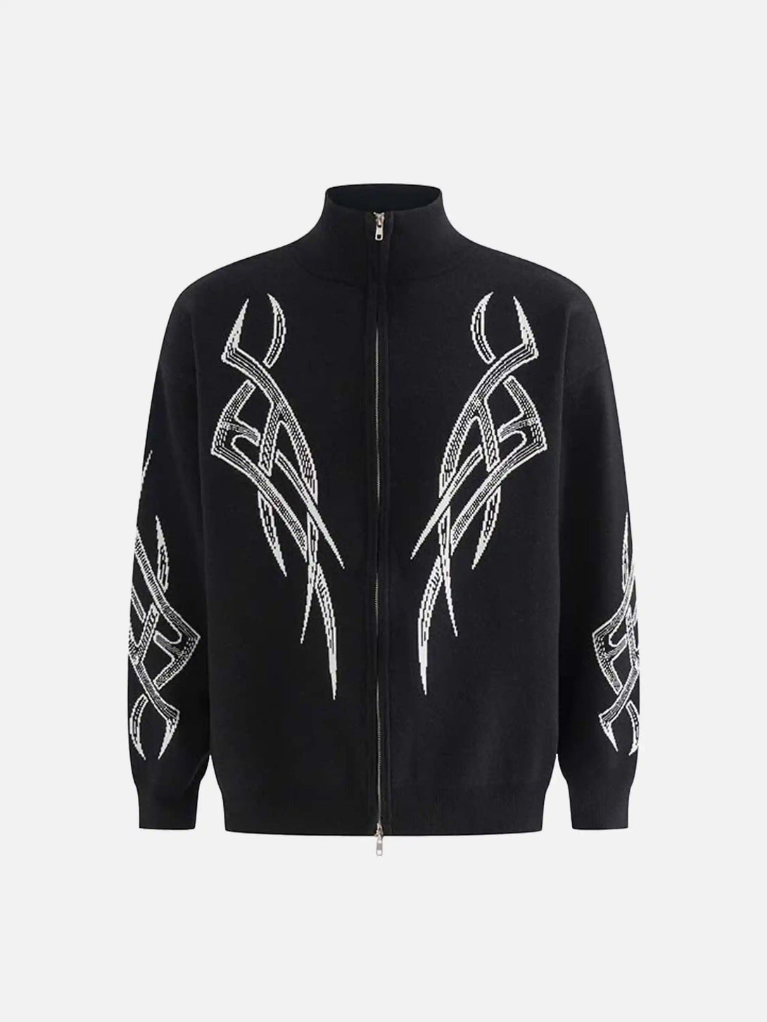 Front view of a black vintage thorns stand collar cardigan by TALISHKO, featuring bold patterns.