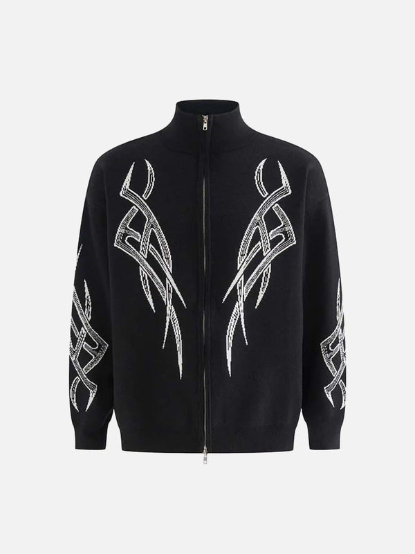 Front view of a black vintage thorns stand collar cardigan by TALISHKO, featuring bold patterns.