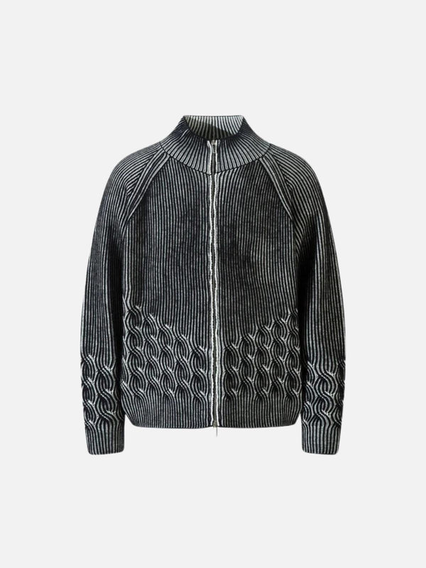Front view of a black vintage turtleneck zipper cardigan by TALISHKO with intricate patterns.