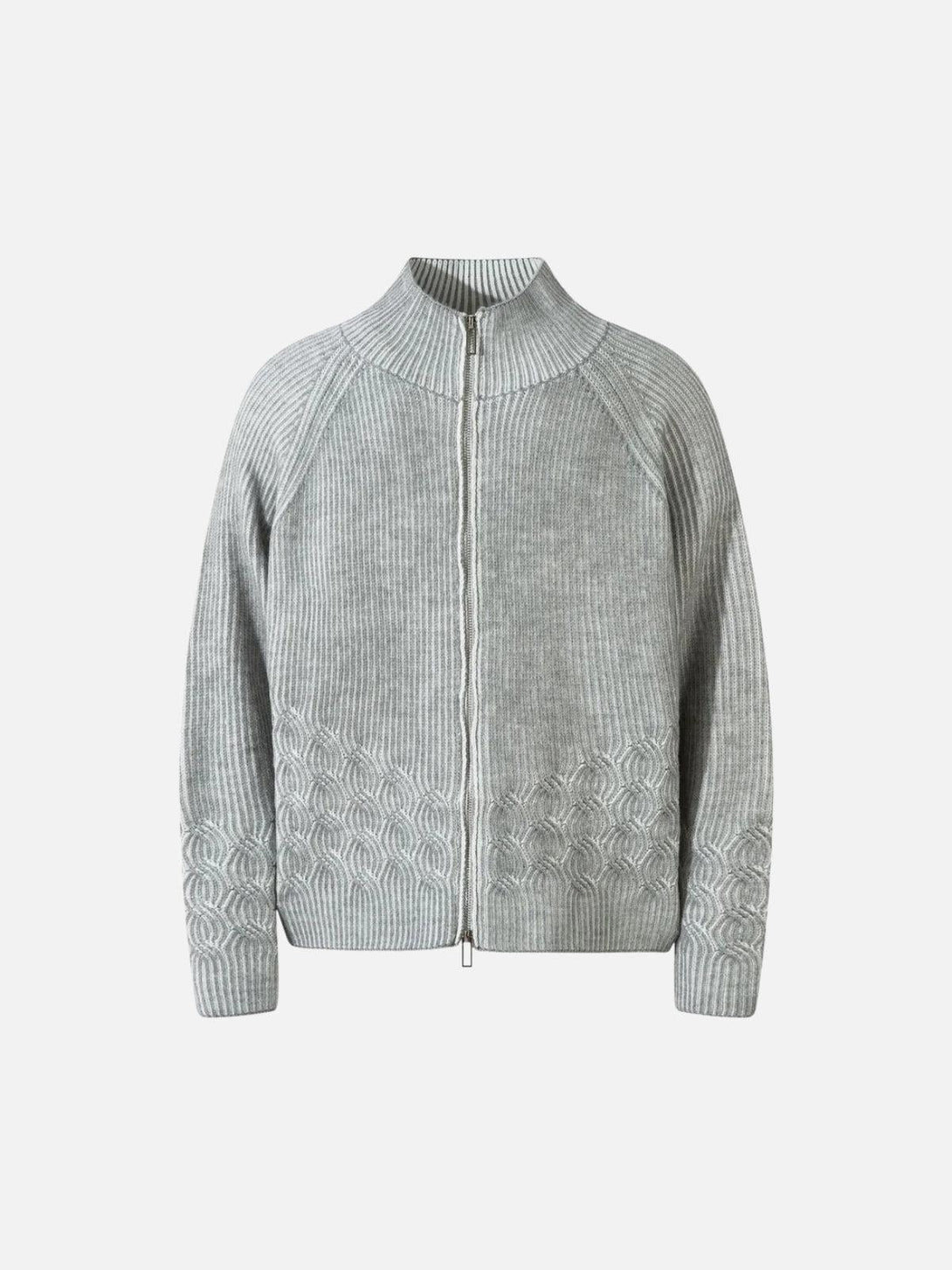Front view of a gray vintage turtleneck zipper cardigan by TALISHKO with detailed patterns.