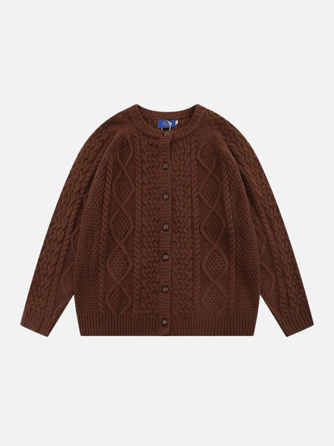Front view of a coffee vintage twist cardigan by TALISHKO, featuring intricate cable knit.