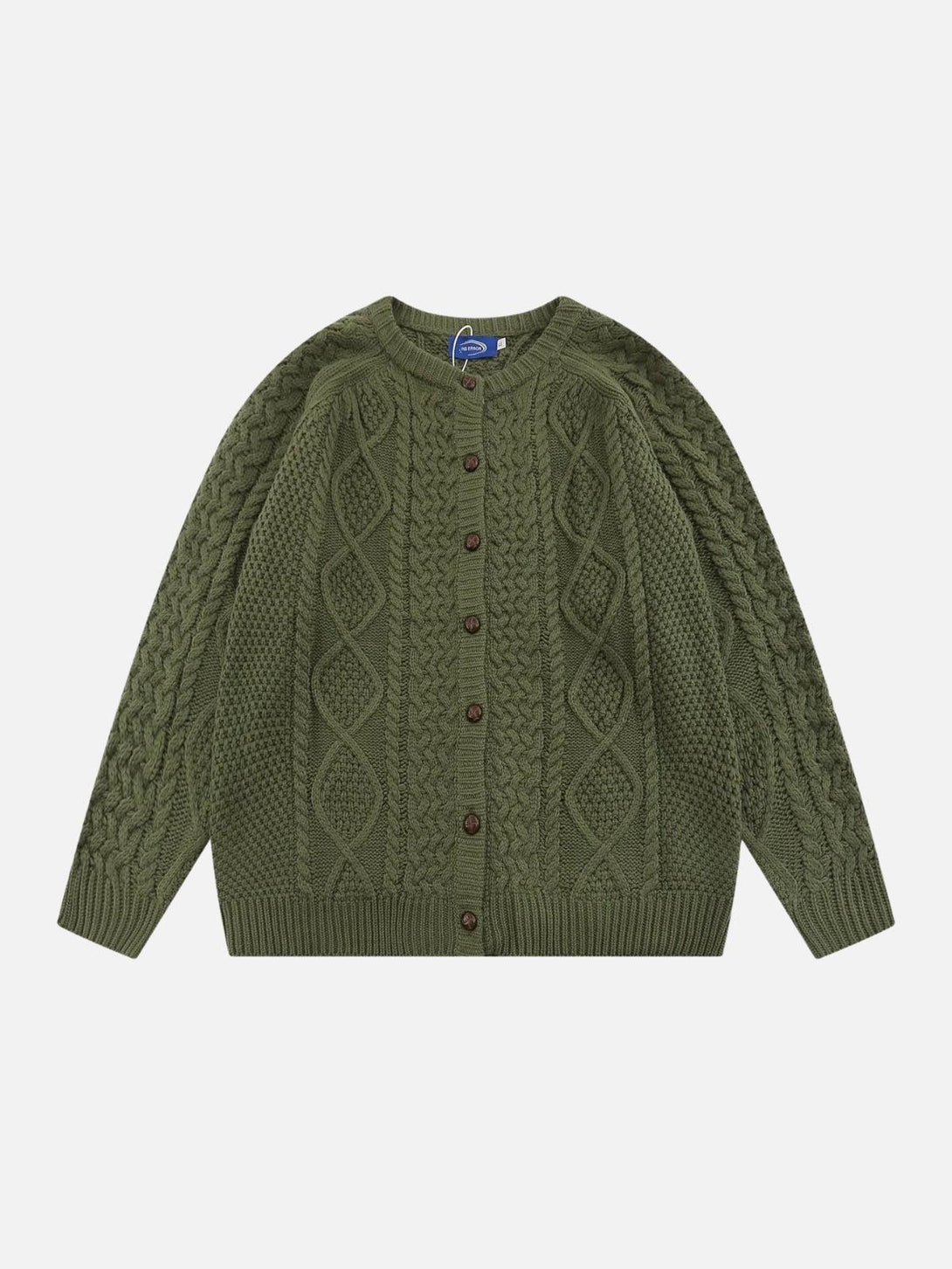 Front view of a green vintage twist cardigan by TALISHKO, featuring intricate cable knit design.