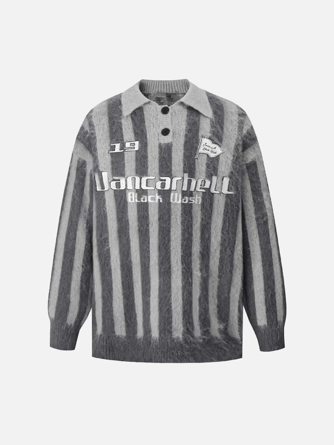 Front view of gray vintage striped sweater with polo collar by TALISHKO, perfect for casual style.