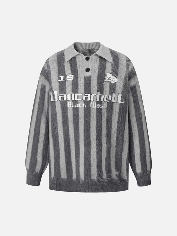 Front view of gray vintage striped sweater with polo collar by TALISHKO, perfect for casual style.