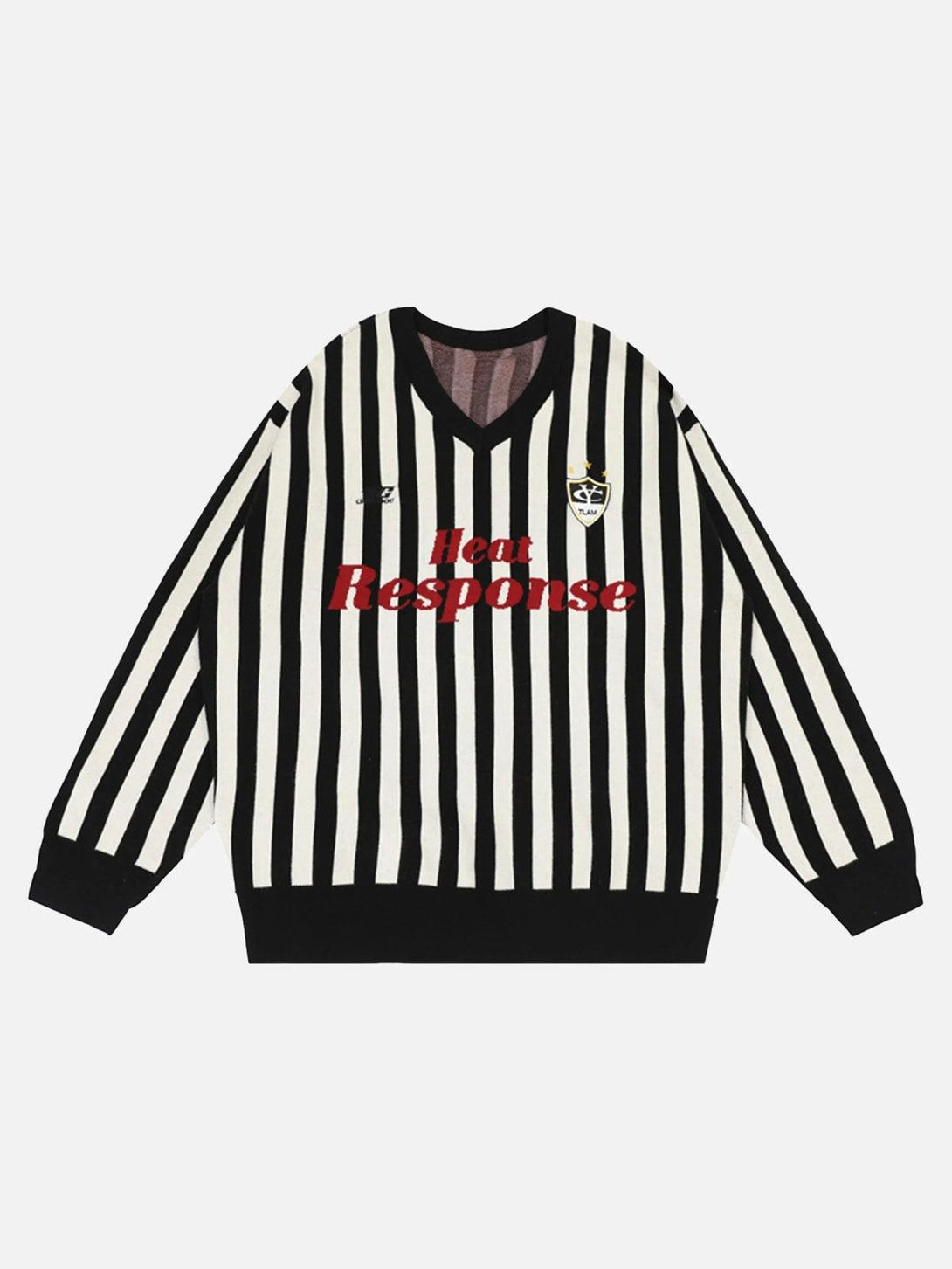 Front view of a black striped V-neck sweater by TALISHKO, highlighting a vintage preppy vibe.