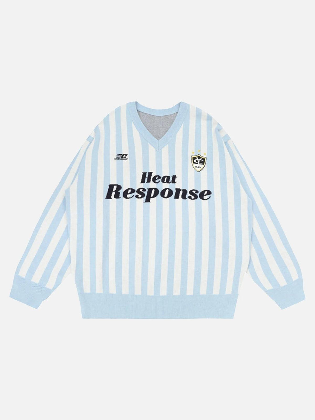 Front view of a blue vintage striped V-neck sweater by TALISHKO, showcasing preppy style.