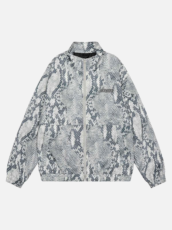 Front view of a gray snakeskin print windbreaker jacket by TALISHKO, perfect for street style.