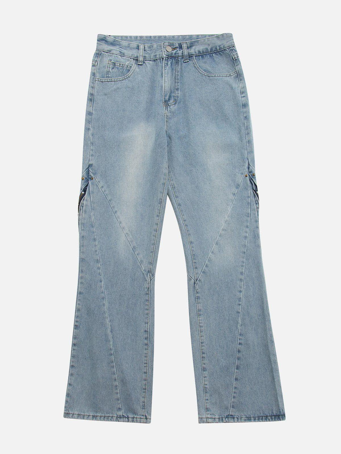 Front view of blue vintage wash adjustable zip jeans by TALISHKO, showcasing casual style.