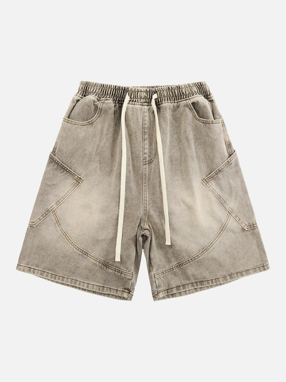 Front view of light brown denim shorts by TALISHKO, featuring a vintage wash and drawstring waist.