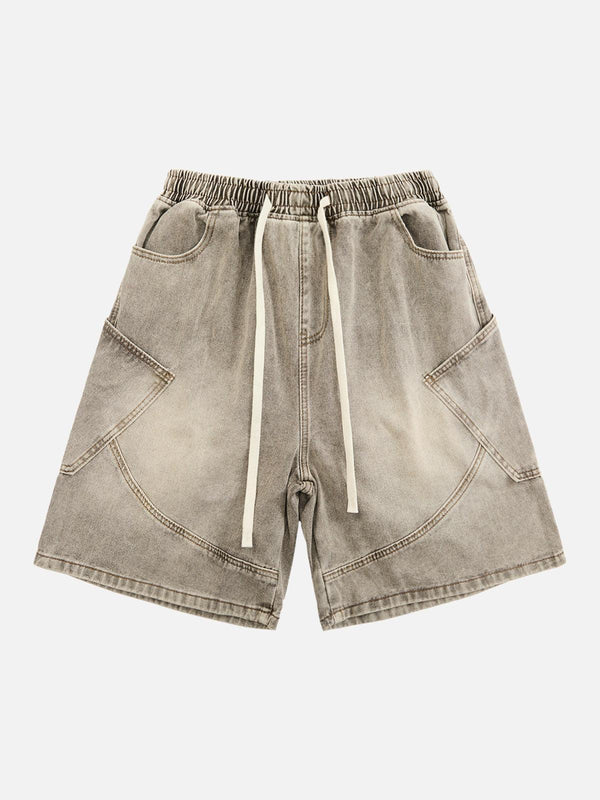 Front view of light brown denim shorts by TALISHKO, featuring a vintage wash and drawstring waist.